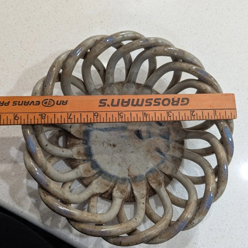 Studio Pottery Woven Lattice Basket Bowl Tan Blue Glaze Braided Ceramic 9 inch